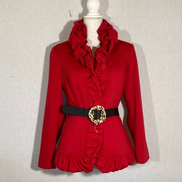 jacket button with belt, ruffle, rouge collar front - Picture 3 of 4